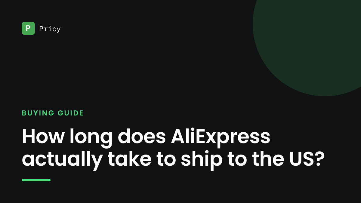 Branded Pricy graphic titled "How long does AliExpress actually take to ship to the US?"