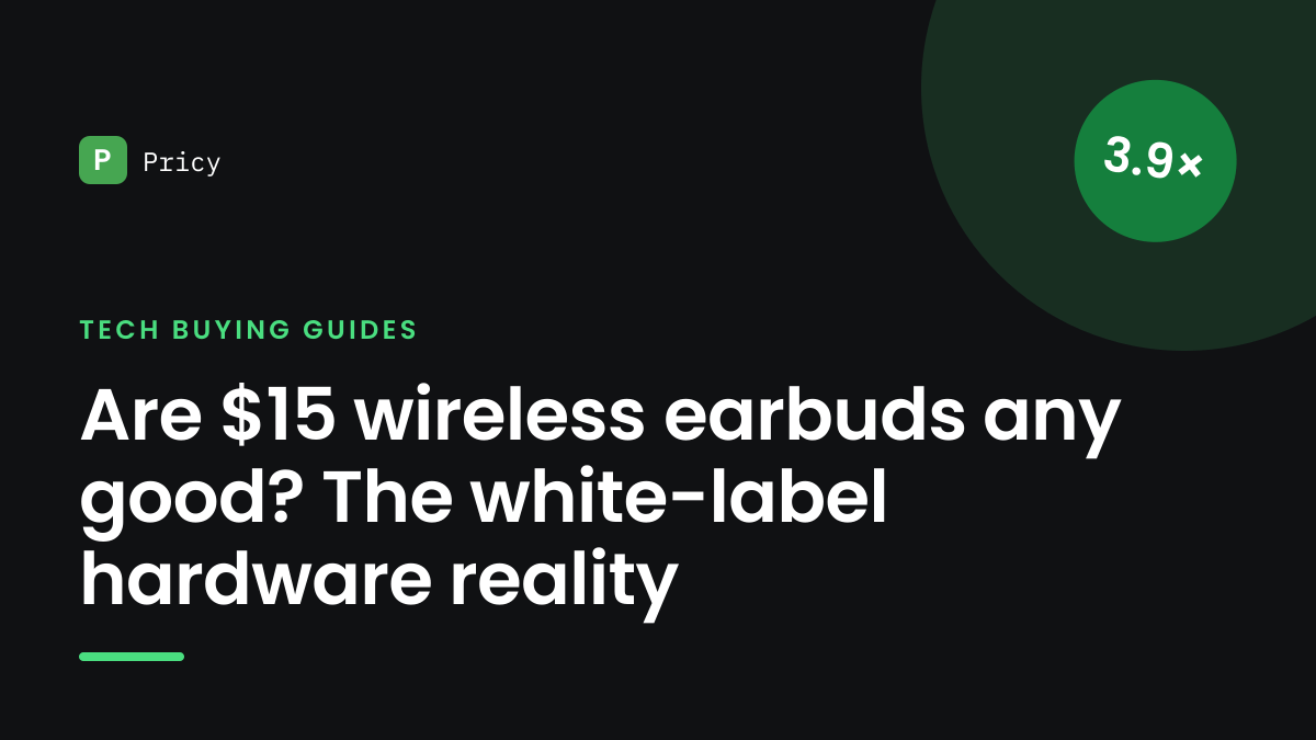 Branded Pricy graphic titled "Are $15 wireless earbuds any good? The white-label hardware reality" with a 3.9× stamp