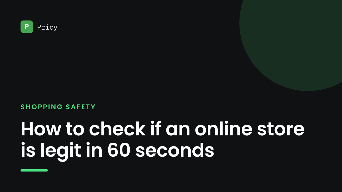 Branded Pricy graphic titled "How to check if an online store is legit in 60 seconds"