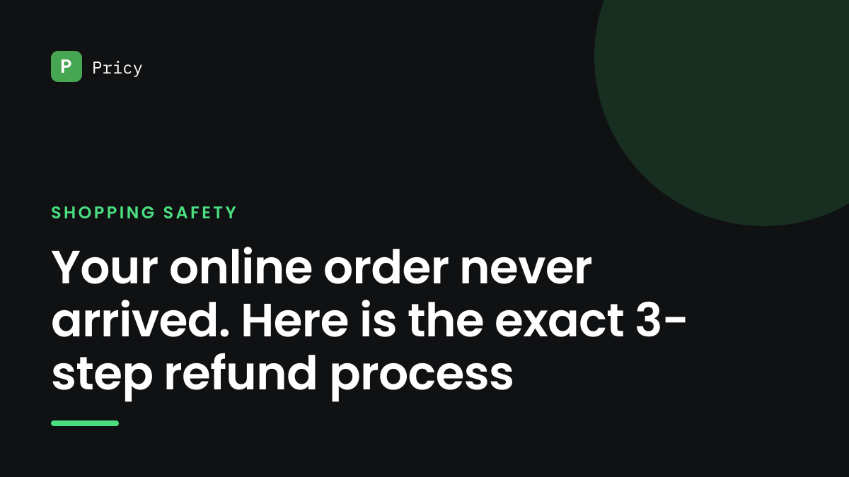 Branded Pricy graphic titled "Your online order never arrived. Here is the exact 3-step refund process"