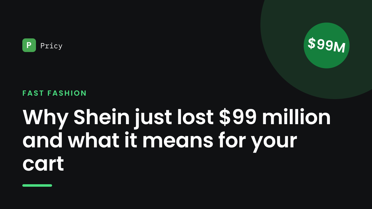 Branded Pricy graphic titled "Why Shein just lost $99 million and what it means for your cart" with a $99M stamp