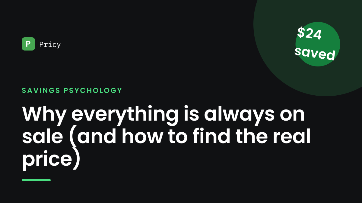 Branded Pricy graphic titled "Why everything is always on sale (and how to find the real price)" with a $24 saved stamp